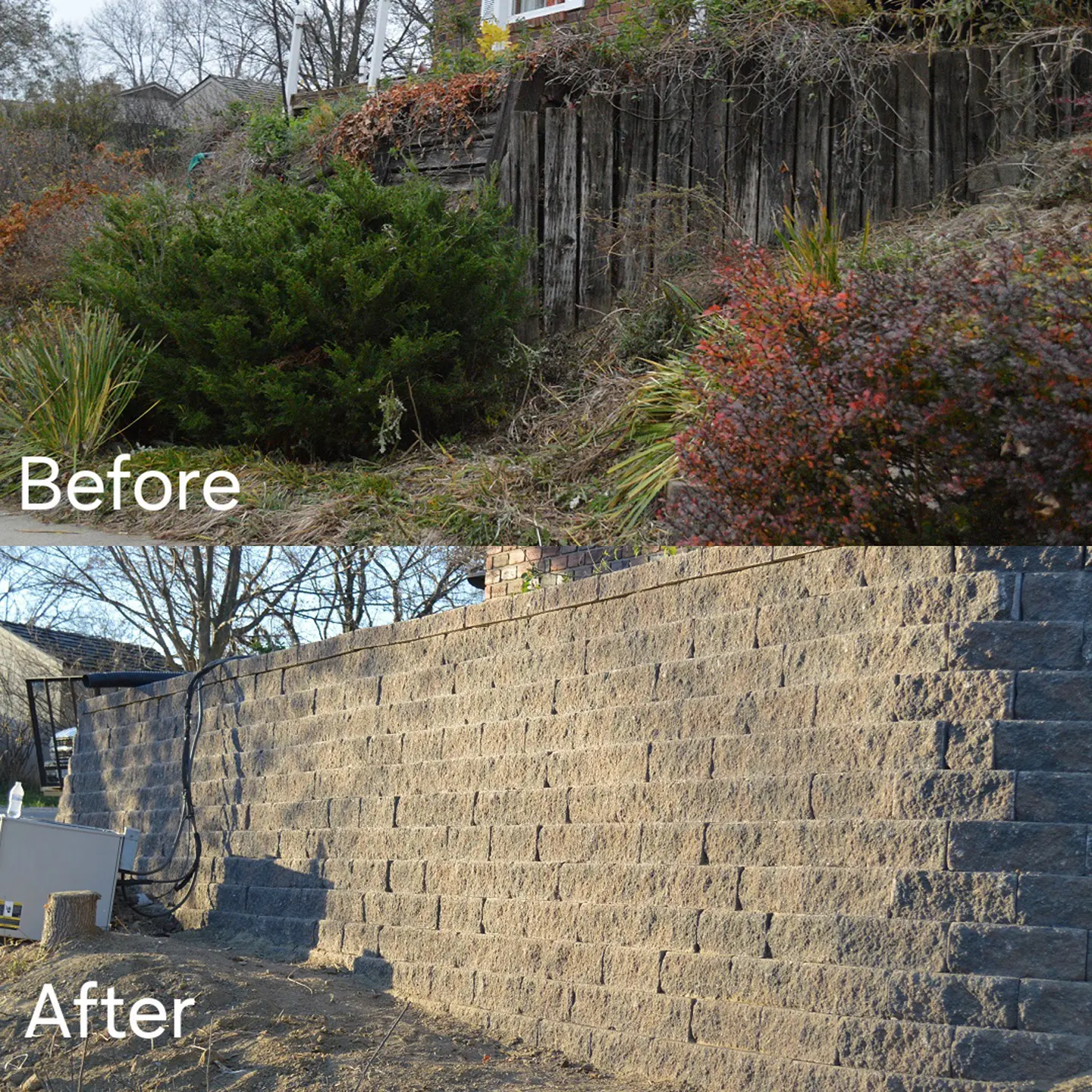 Retaining wall landscaping project before and after in Sioux City